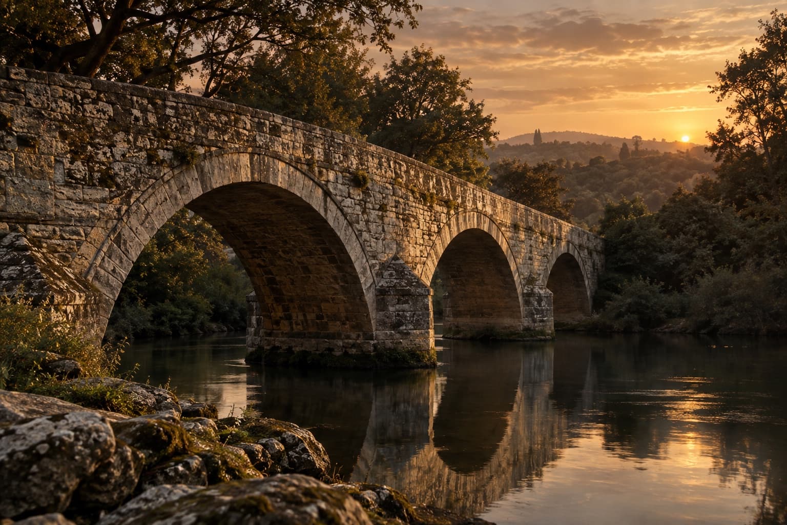 A weathered stone bridge spanning a quiet river in warm evening light